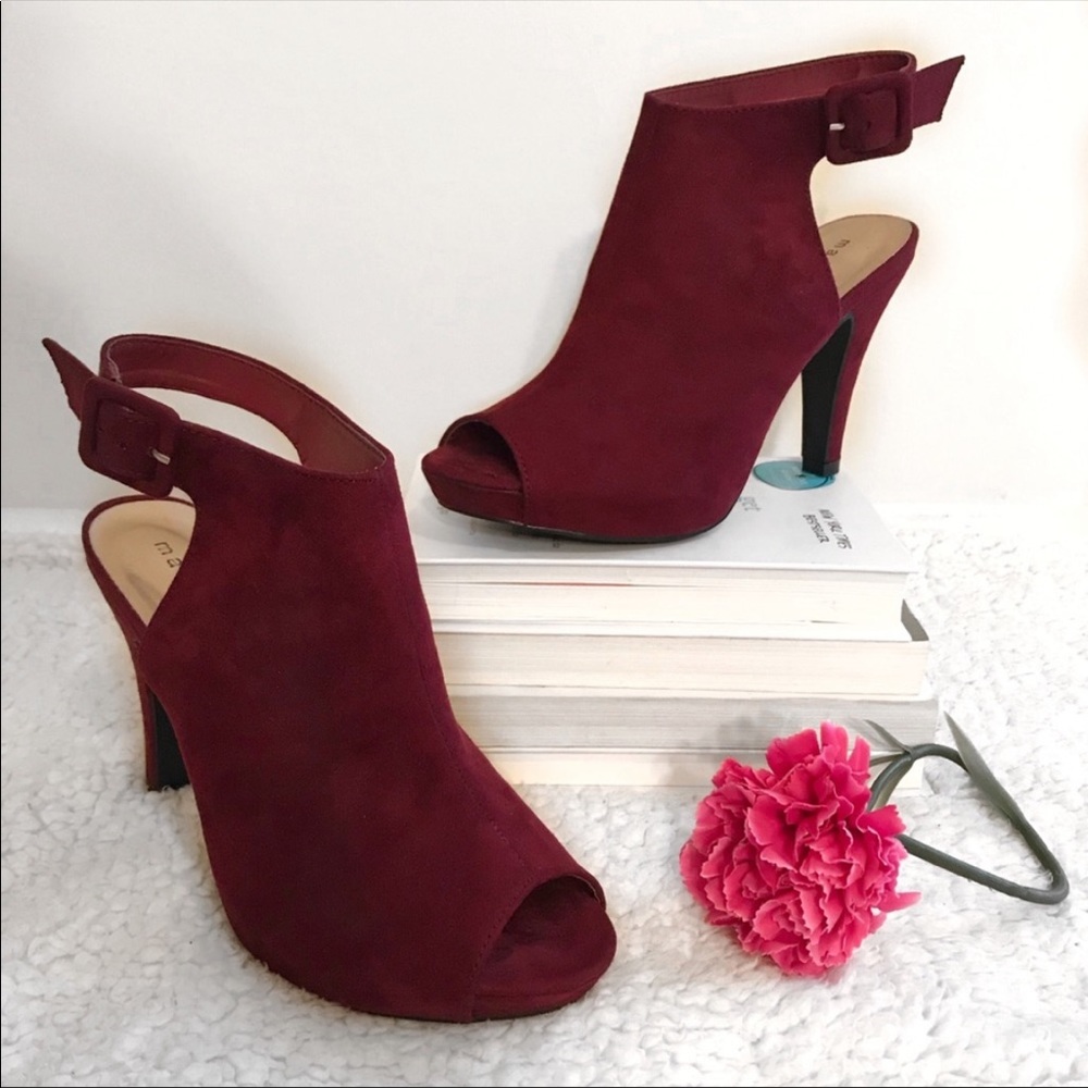 Madden Girl Burgundy Minimalist Buckle Peep Toe Stiletto Heeled Booties